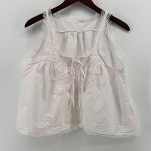 Womens White Cotton Lace Trim Button Front Tank Top Cottagecore Boho Large